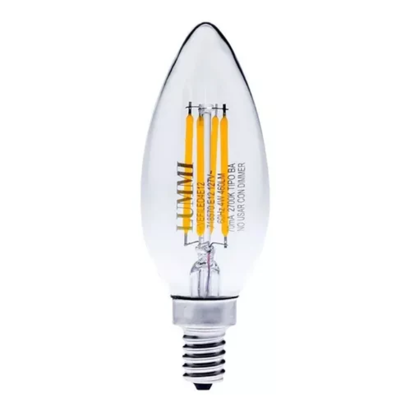 Foco LED E12 Vela Vintage Filamento Blanco Cálido 4W 127V 460LM 27K