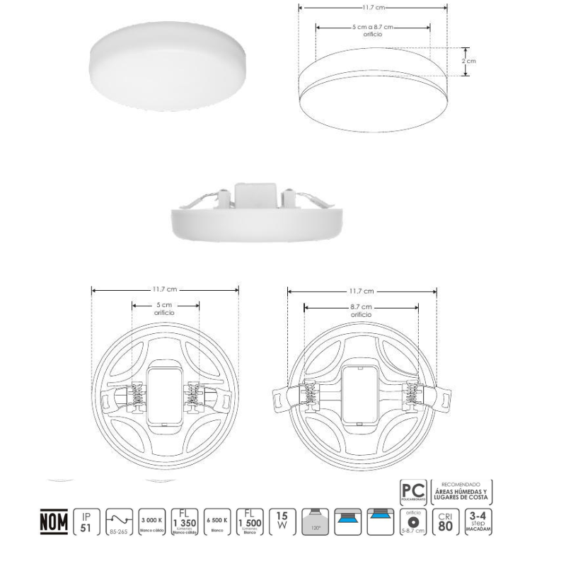 Luminario de techo, de led, blanco cálido, 15 Watts IP51