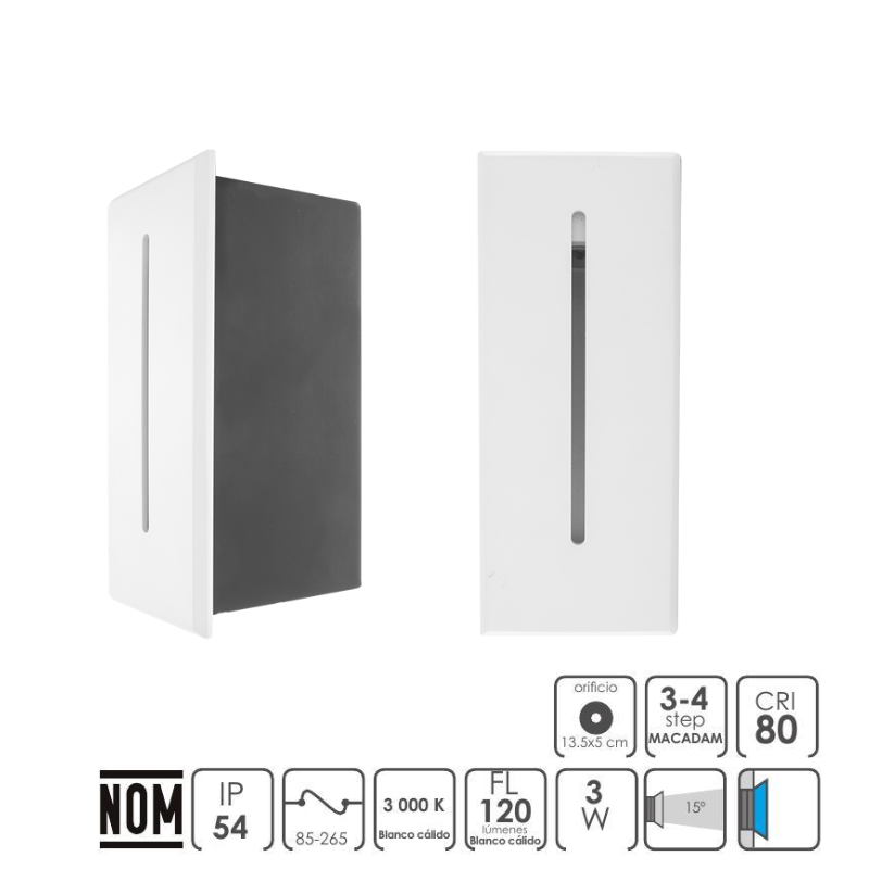 Luminario de pared blanco cálido 3W óptica lineal, rectangularIP54