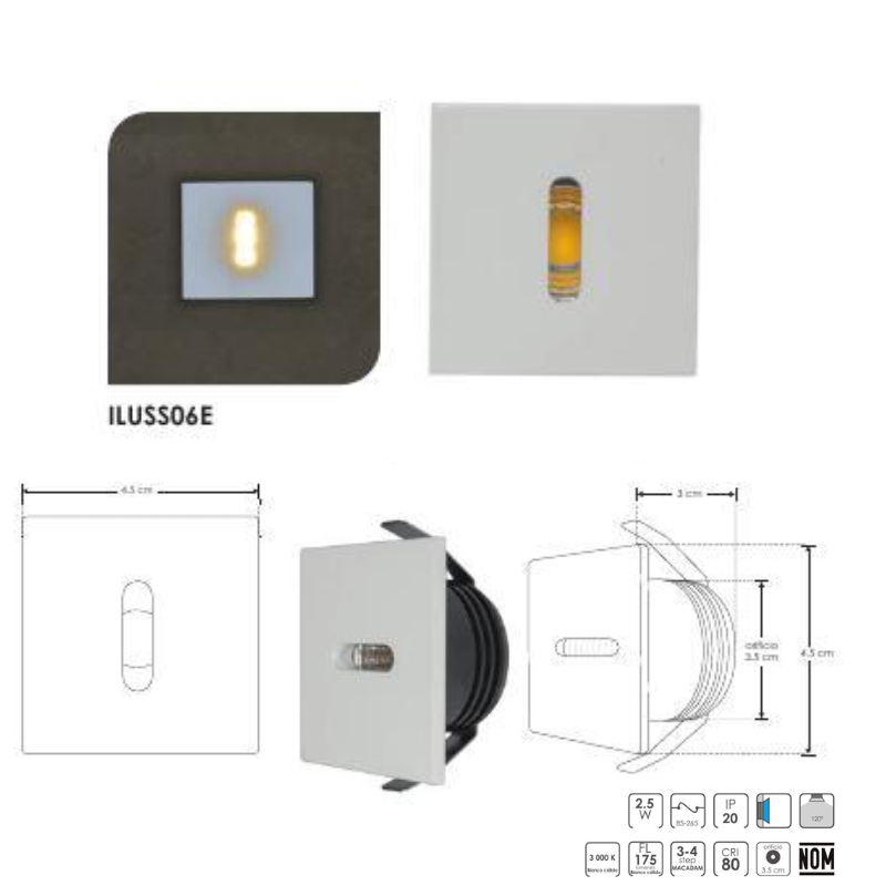 Luminario de pared, blanco cálido, 2.5 Watts, cuadrado salida puntual lineal, de empotrar IP20