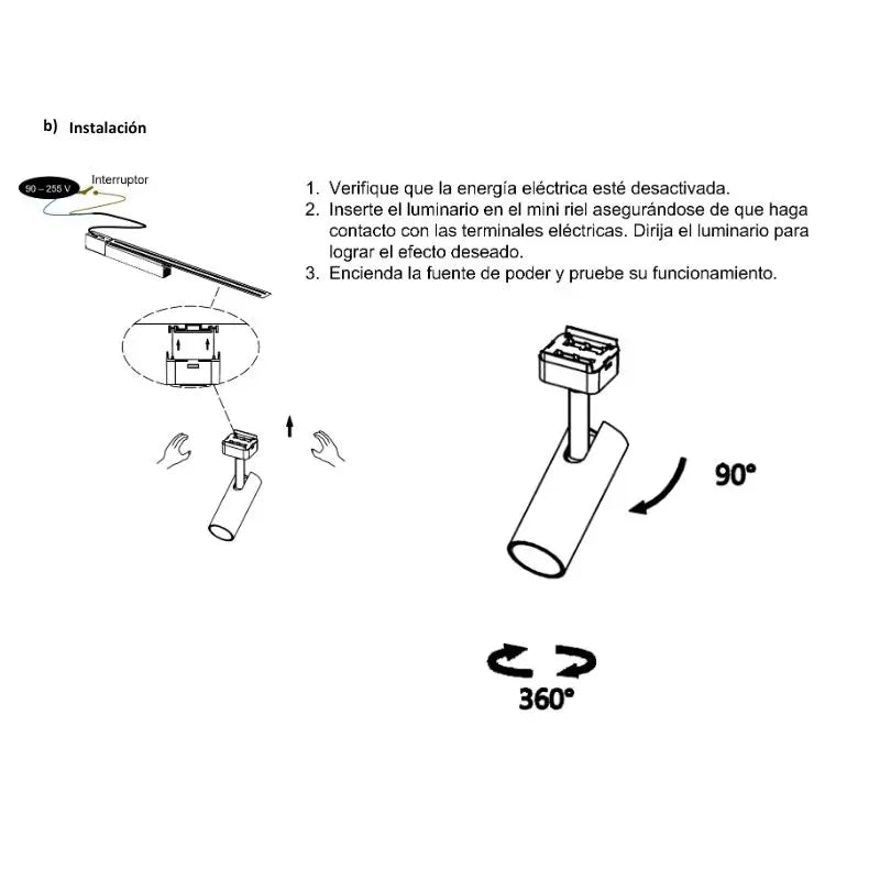 Luminaria 7W Dirigible Color Negro o Blanco Para Riel Europeo 48V