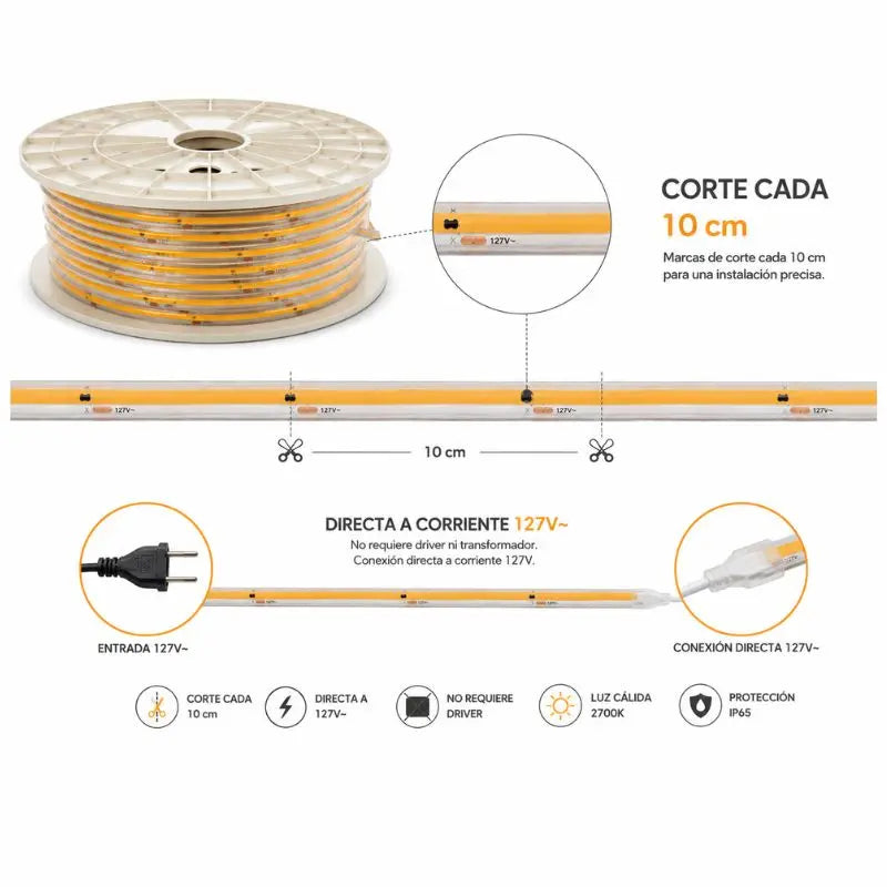 Metro Manguera COB LED Blanco Calido 2700K  10W x mt 127V IP65