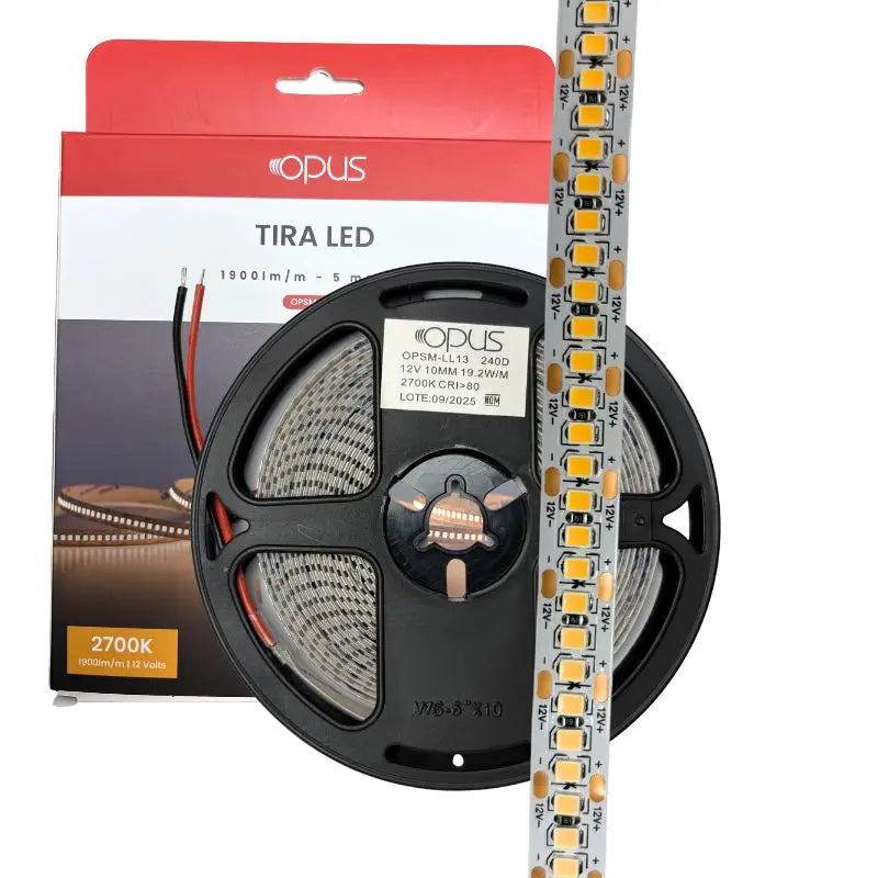 5m Tira LED 12V 240 LEDS y 19.2W Metro Blanco Cálido 27K, IP2O Uso Interior