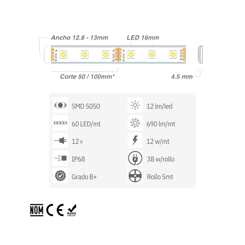 5M Tira 60 LED/MT 5050 RGB 12V MULTICOLOR IP68 SUMERGIBLE 12W/mt