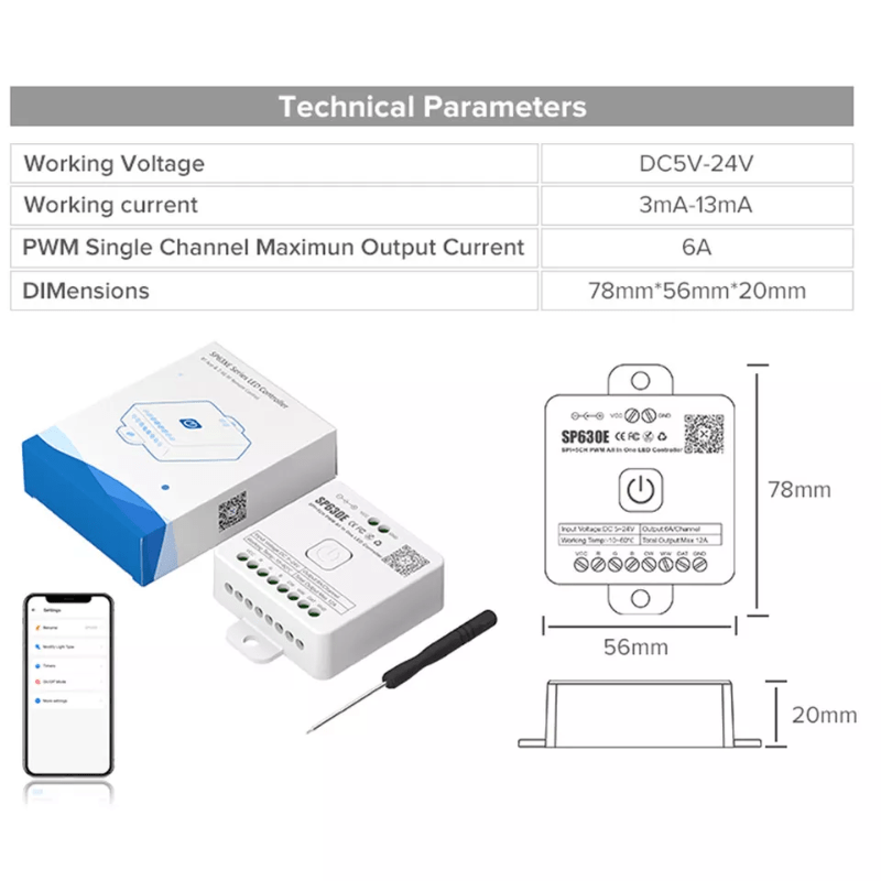 Controlador PIXEL, RGBW, SP630E LED APP BT 5 CANALES PWM SPI - Wattko