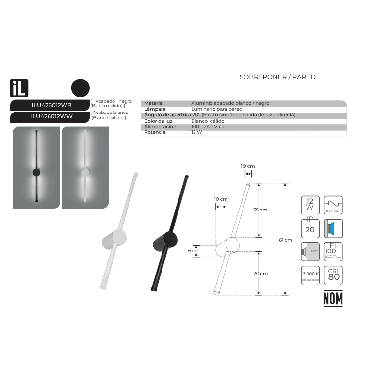 Luminario de pared led 12W Blanco Calido IP20 - Wattko