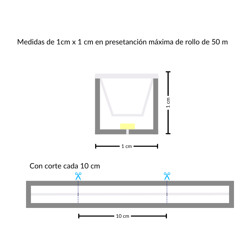 Manguera Neon 1 cm x 1cm Cuadrada 10W x Metro, 127V Directa 3500K Semi Cálido - Wattko