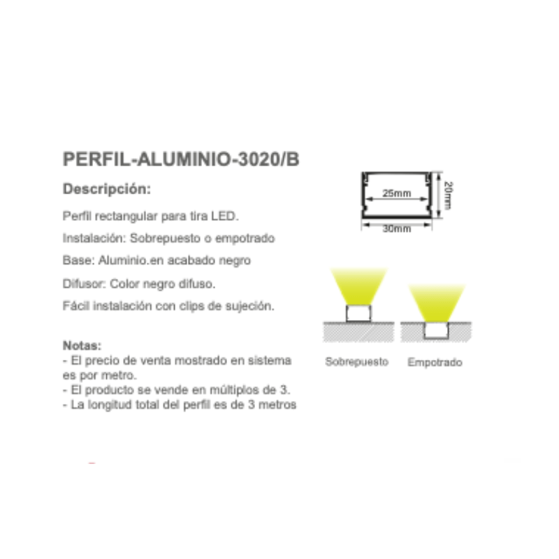 perfil-de-aluminio-negro-3020-b-empotrar-o-sobreponer-30x20mm-25mm -3mts - Wattko