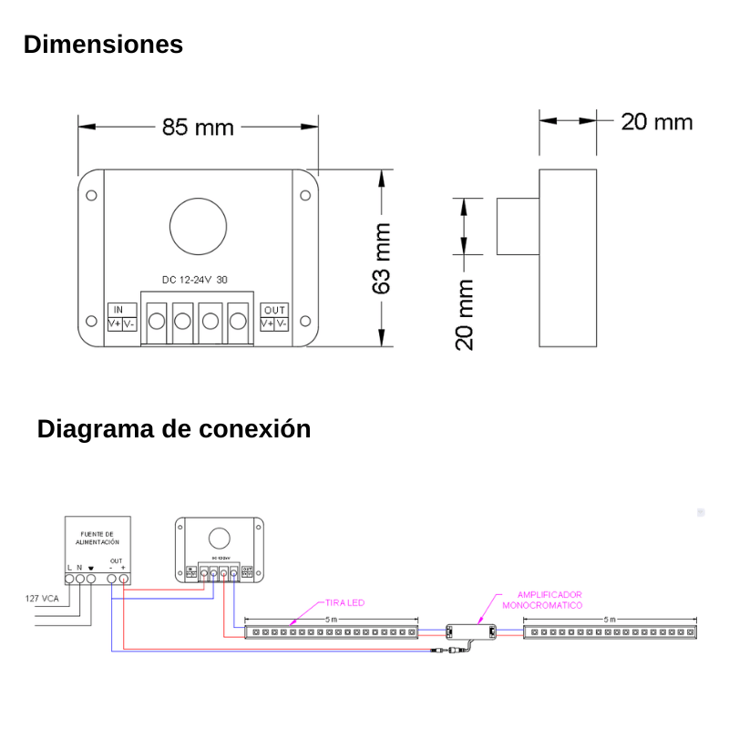 DIMMER DE PERILLA PARA LED BAJO VOLATJE 12V-24V, 15A - Wattko