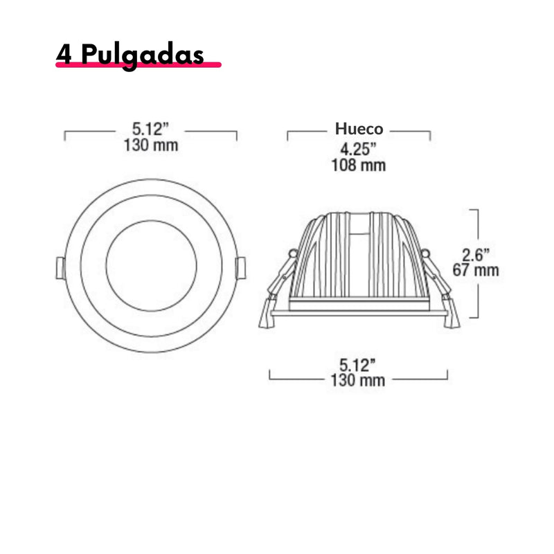 Lampara De Techo LED Atenuable De 4", 12W De Alta Potencia Fondo Cromo - Wattko