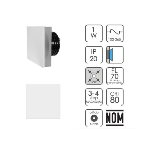 Luminaria Cortesía Eclipse Cuadrado de Empotrar 1W 3K Blanco Cálido - Wattko