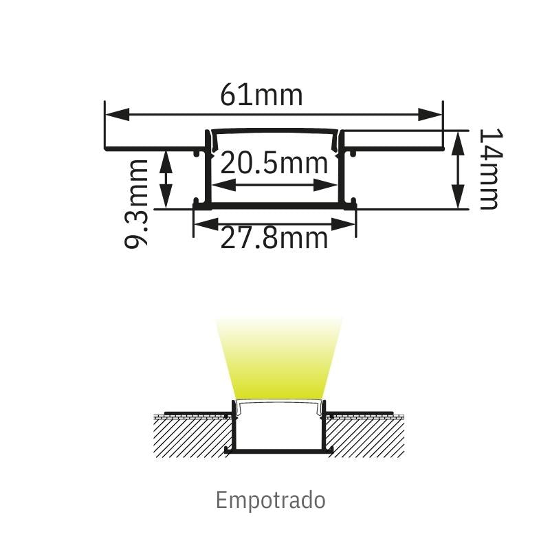 Perfil Aluminio De Plafón 6114 PL Empotrar 61.1X14 MM - Wattko